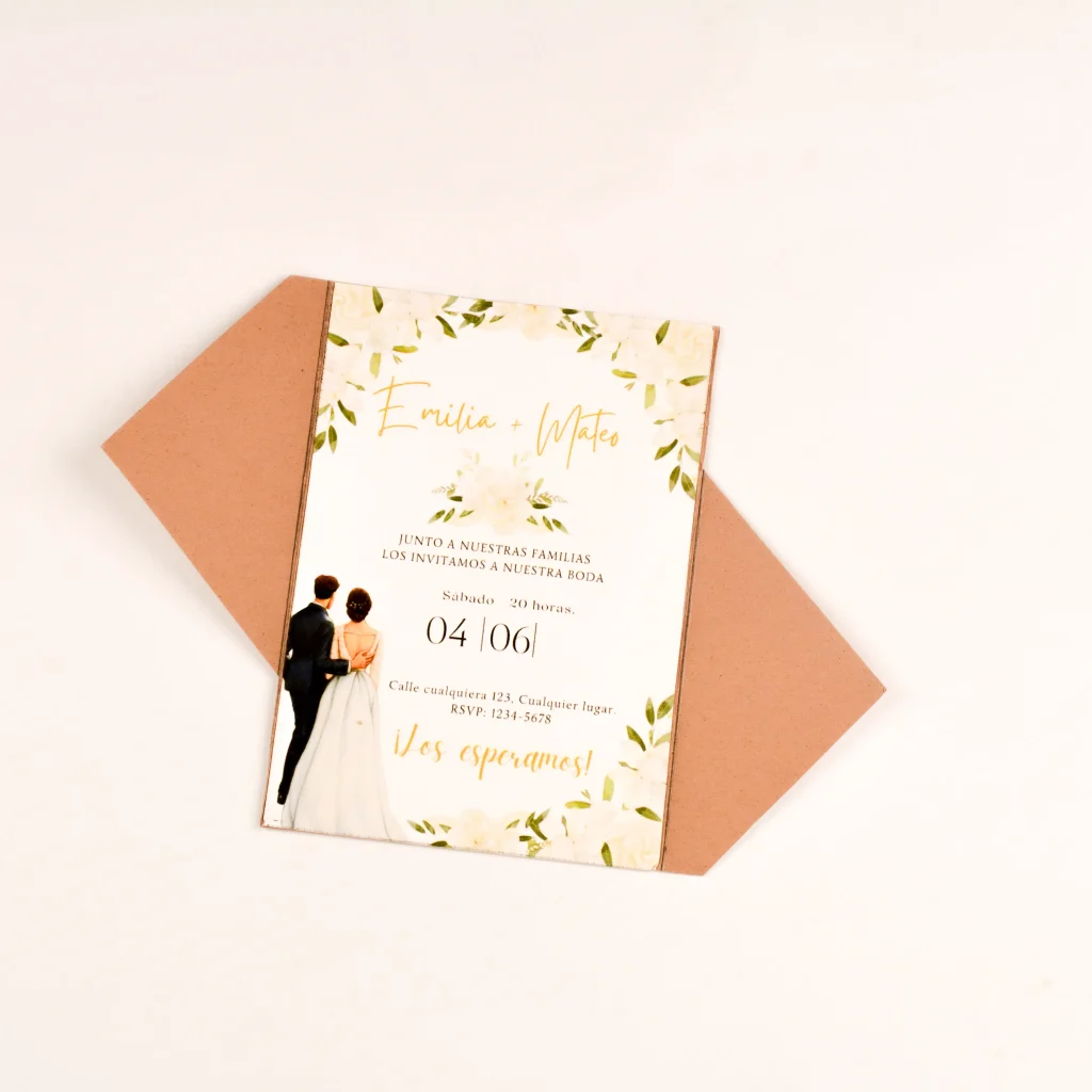 tarjetas de invitación de boda cafe claro tapas triangulares 10x14