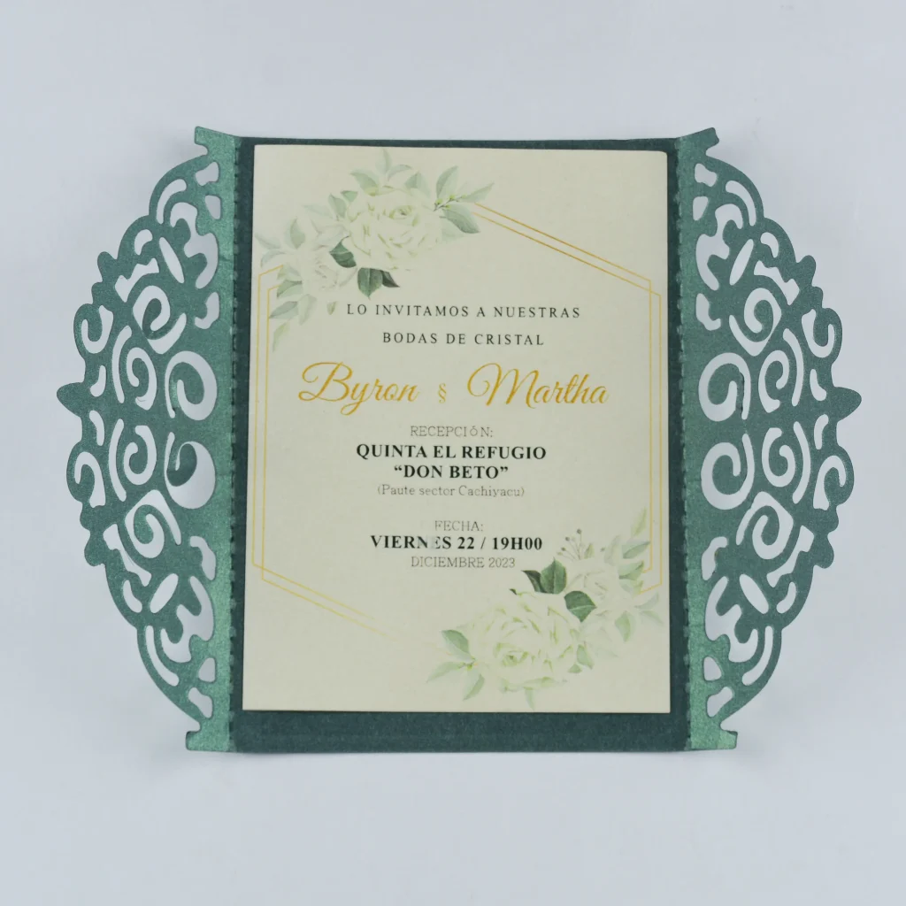 tarjetas de invitacion de boda verde con dorado