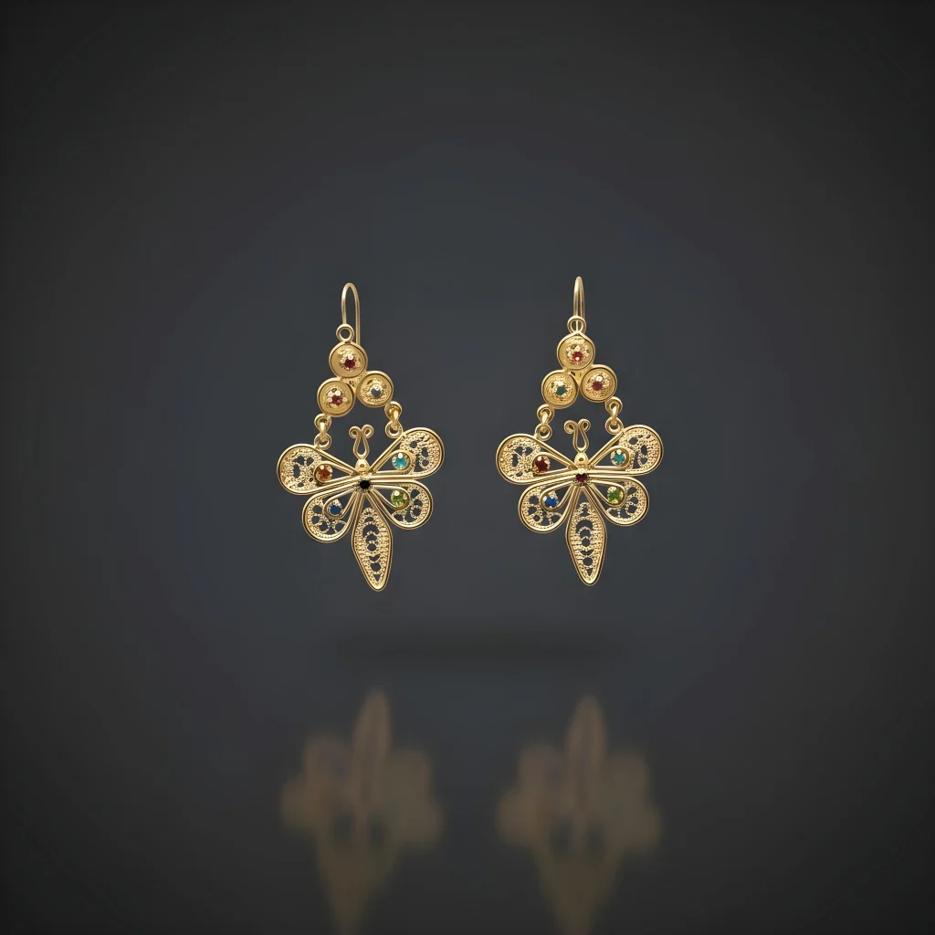 arete de filigrana artesanal libélula, aretes filigrana de baño de oro, aretes de baño de oro libélula con perlas, aretes de filigrana chordeleg artesanales, aretes de baño de oro hipoalergénicos