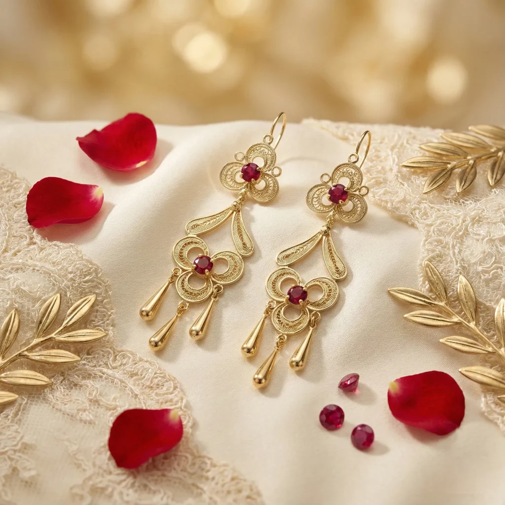 aretes largos de oro con granates, Pendientes largos de oro diseño floral, Pendientes diseño floral dorados, aretes largos con granates hipoalergénicos, pendientes dorados con piedras granates